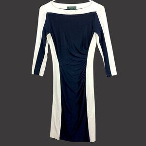 Lauren Ralph Lauren Ruched Sheath Dress Knee Length Colorblocked Blue White 2
